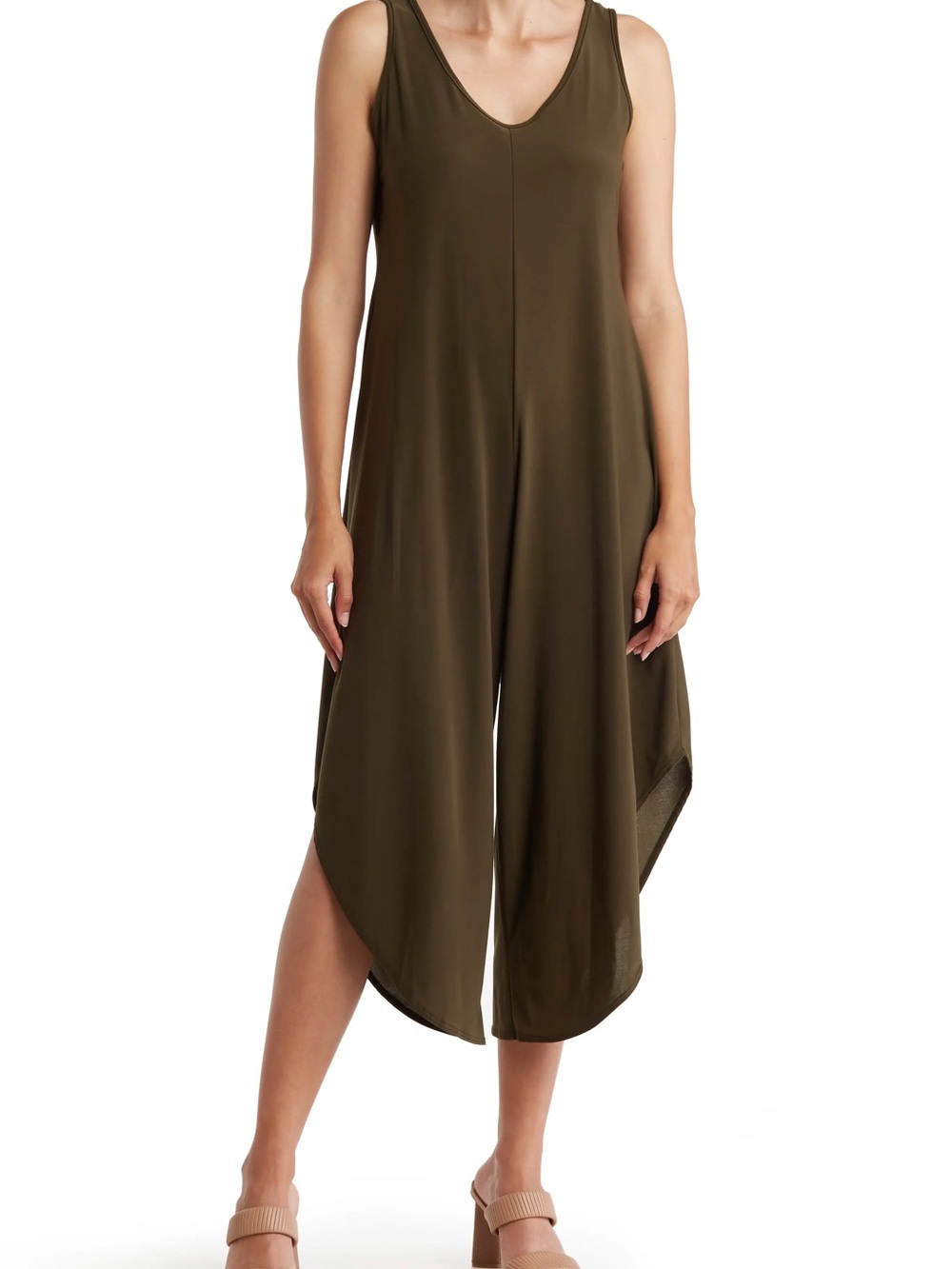 Tash + Sophia Sleeveless Olive V Neck Draped Wide Leg Jumpsuit Size Medium